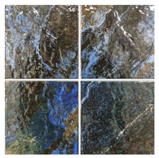 Fujiwa Yomba Series 6"x6" Sapphire porcelain pool tile with deep blue and green hues, ideal for a stunning poolscape.