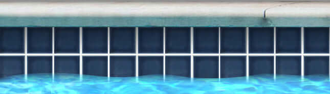 Navy blue mosaic tiles in a swimming pool, showcasing the Fujiwa Tile VIP 3x3 Series with white grout lines.