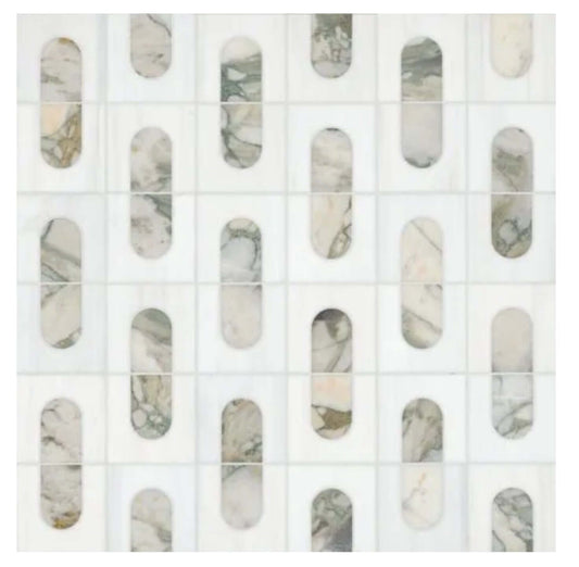 Bianco Dolomite Green Polished Marble Mosaic Tile with geometric patterns in white and green veining.