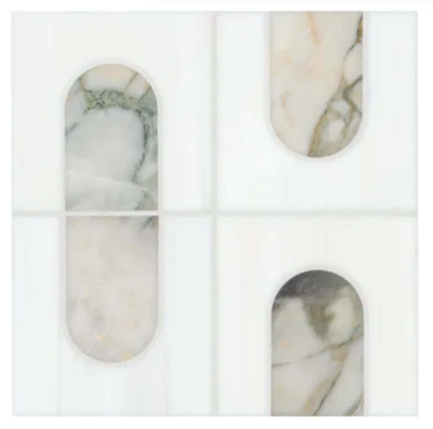 Bianco Dolomite Green polished marble mosaic tile showcasing modern geometric patterns.