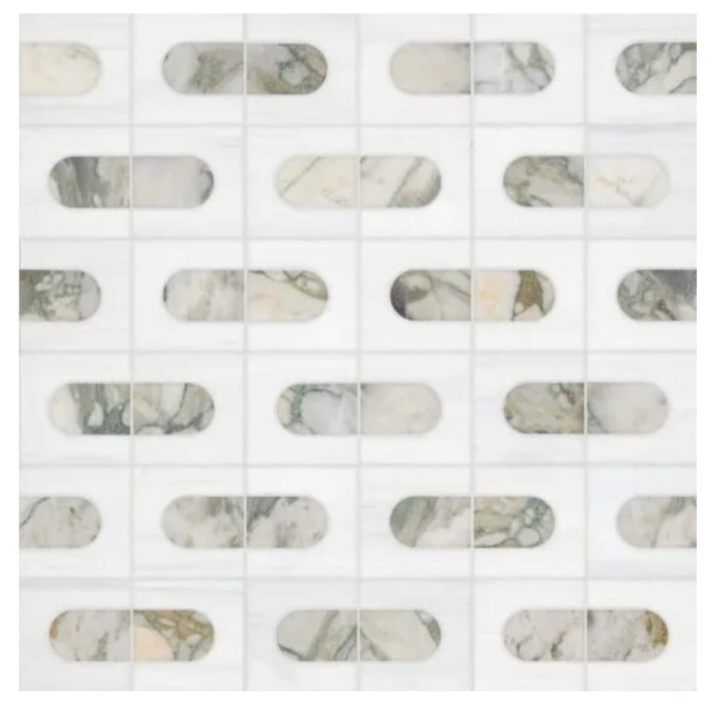 Bianco Dolomite Green Polished Mosaic Tile in modern geometric pattern, featuring Calacatta green veining.