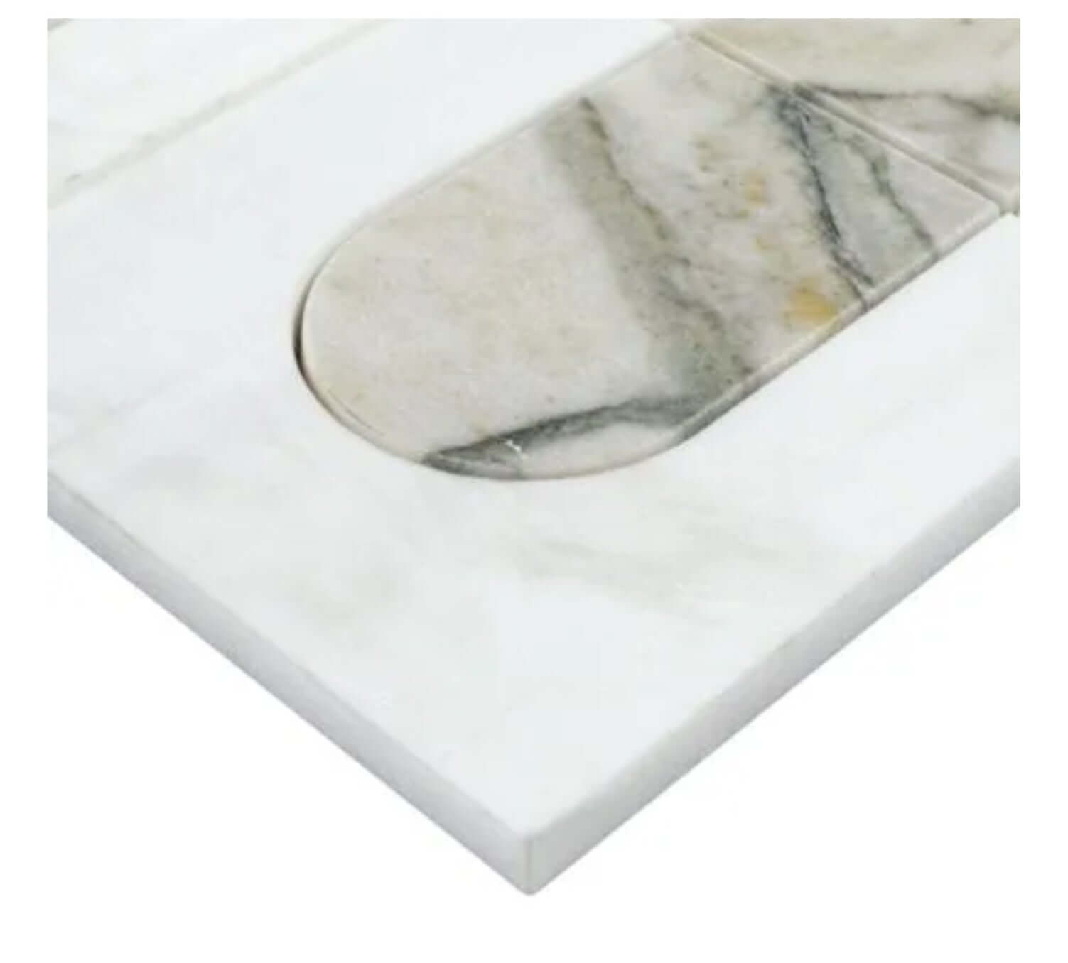 Close-up of polished Bianco Dolomite marble tile featuring Calacatta green veining and smooth edges.