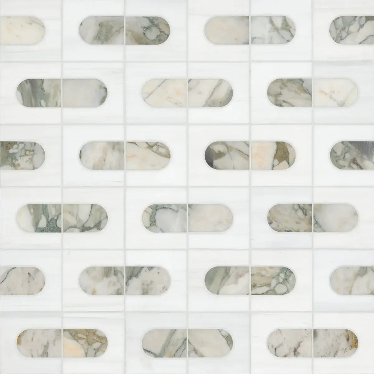 Bianco Dolomite Green polished marble mosaic tile with geometric pattern, ideal for floors and walls.