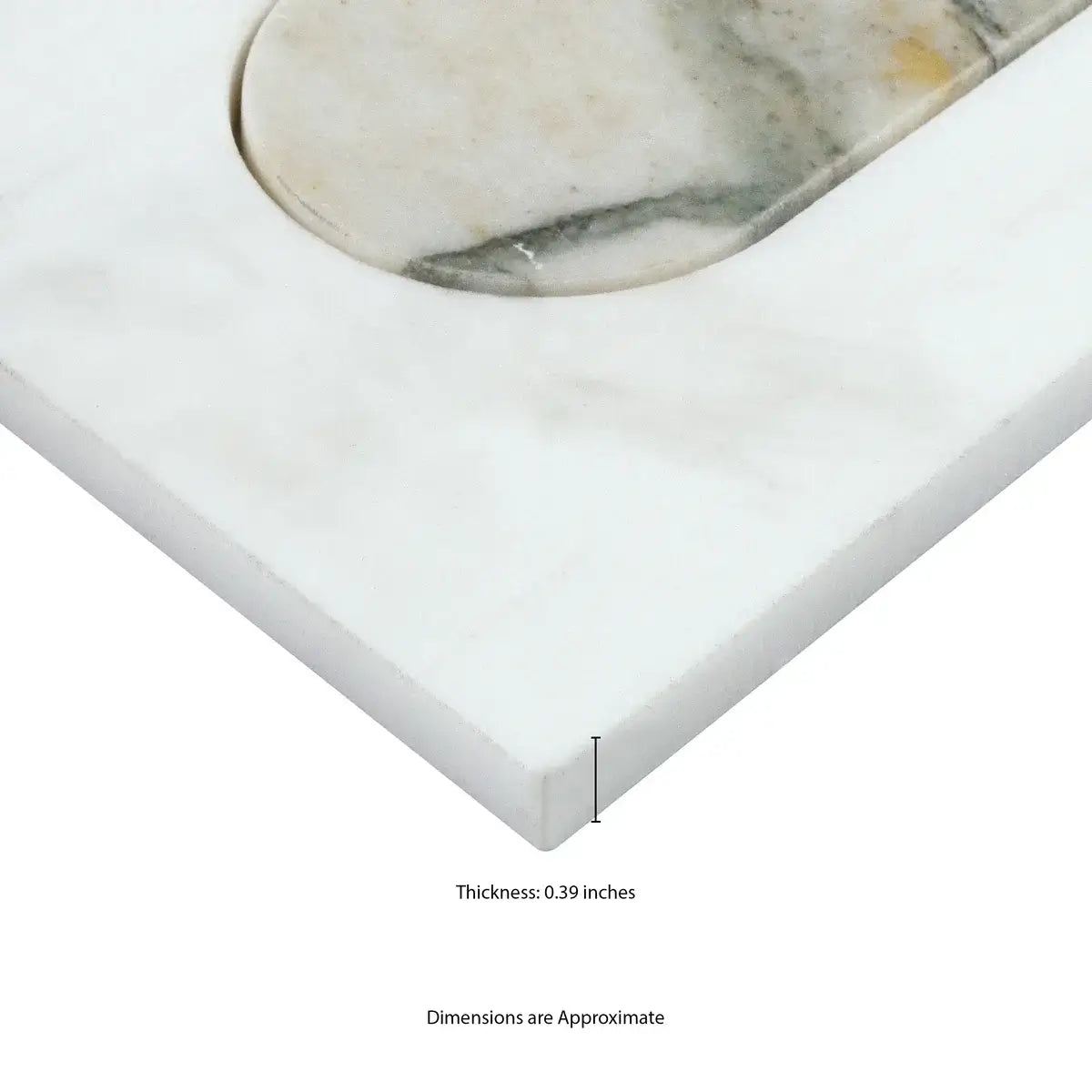 Close-up of Bianco Dolomite Green polished marble tile edge showing thickness of 0.39 inches.