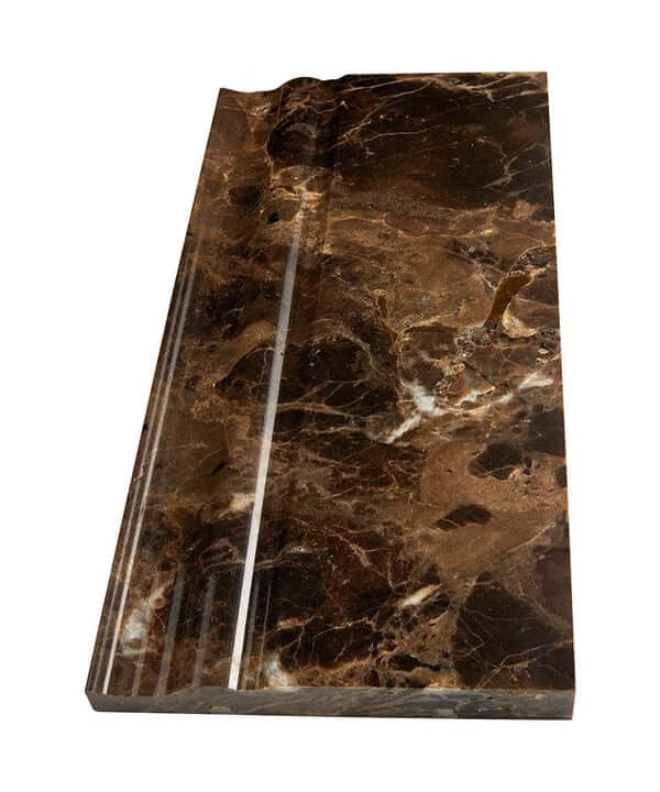 Iberian Emperador Dark 4 3/4x12 marble baseboard skirting molding with rich brown hues and light veining.
