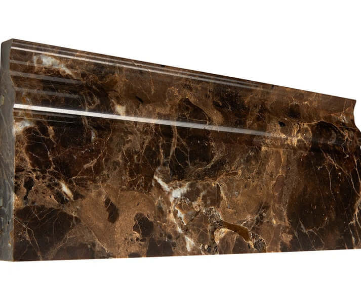 Iberian Emperador Dark 4 3/4x12 baseboard skirting molding with rich brown hues and veining.