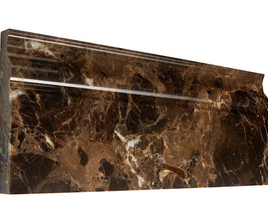 Iberian Emperador Dark 4 3/4x12 baseboard skirting molding with rich brown hues and veining.