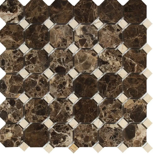 12x12 Emperador Dark Octagon marble mosaic tile with Crema Marfil dots for elegant home decor.