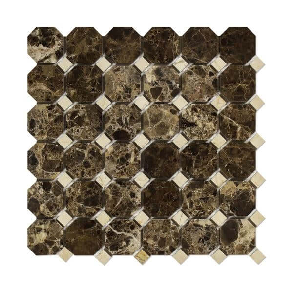12x12 Emperador Dark octagon marble mosaic tile with Crema Marfil dots, perfect for elegant interior design.