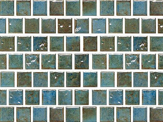 Fujiwa Tile Joya Series 1x1 Albi Blue pool rated tiles, featuring dynamic blue and green designs suitable for aquatic settings.