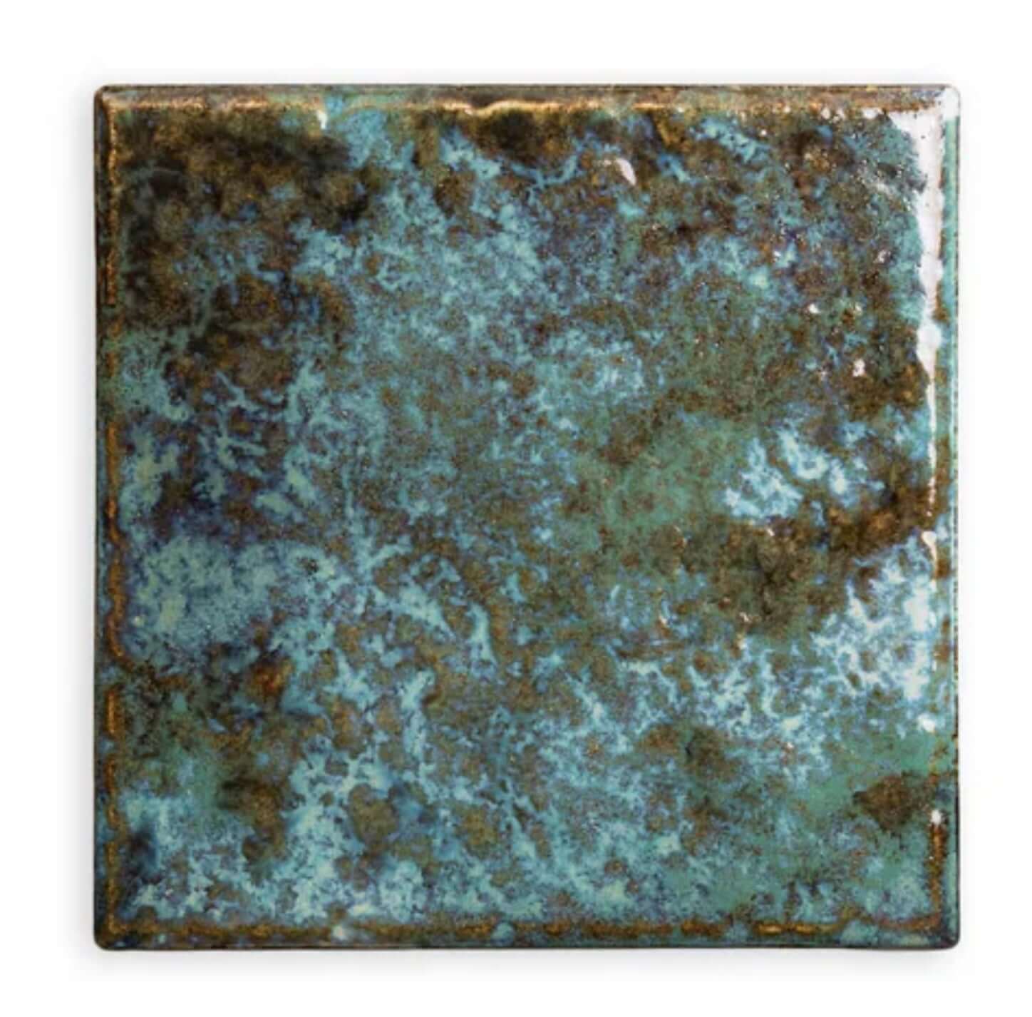 Fujiwa Joya Verde 6x6 semi-gloss porcelain tile with vibrant green and blue hues, ideal for pool areas.