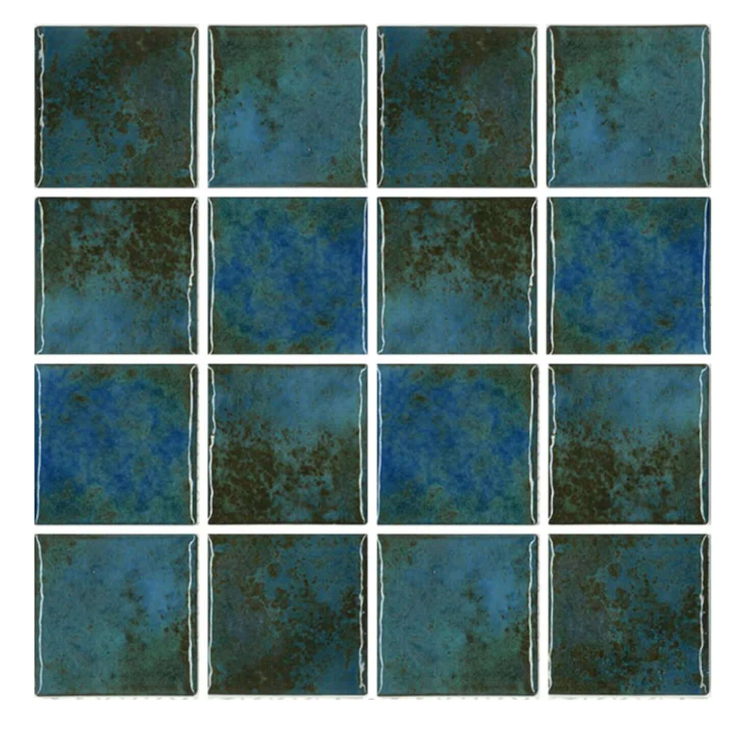 Fujiwa Joya 3x3 Albi semi glossy porcelain pool tiles in vibrant blue and green hues.