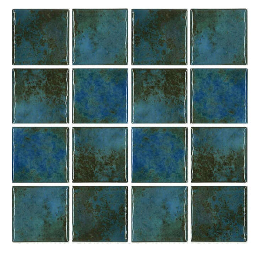 Fujiwa Joya 3x3 Albi semi glossy porcelain pool tiles in vibrant blue and green hues.