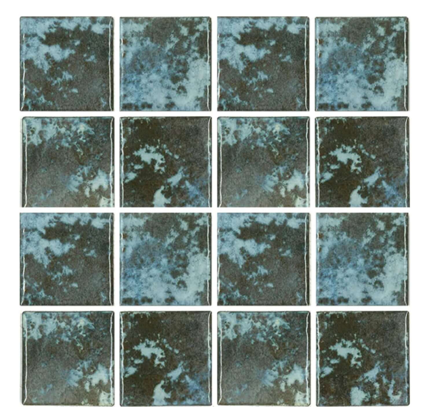 Fujiwa 3x3 Joya Cotto semi-glossy porcelain pool tiles in earthy green and blue tones.