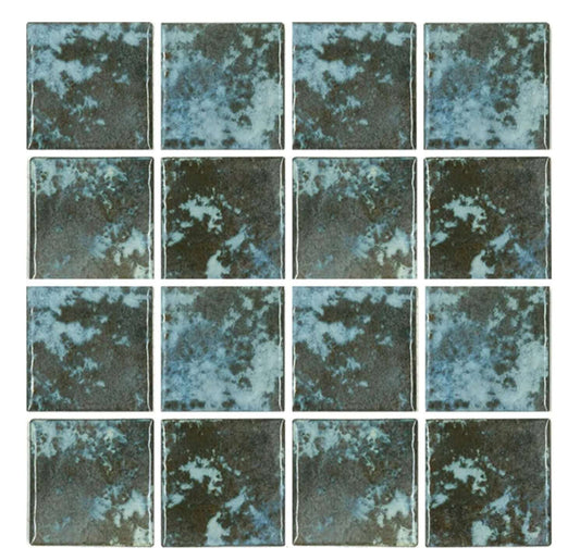 Fujiwa 3x3 Joya Cotto semi-glossy porcelain pool tiles in earthy green and blue tones.