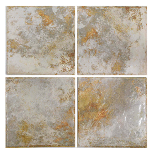 Fujiwa Joya Gold 6x6 semi-gloss porcelain tiles featuring a unique gold and gray design, perfect for pool areas.