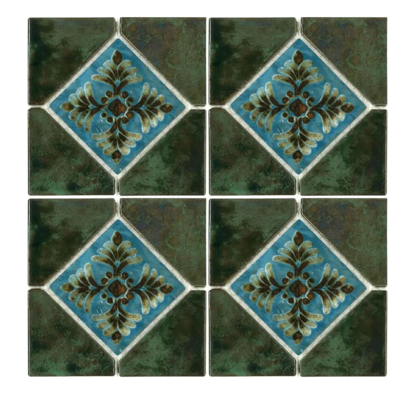 Joya Verde 6" Deco Series porcelain tiles featuring decorative green and blue floral patterns, ideal for pool areas.