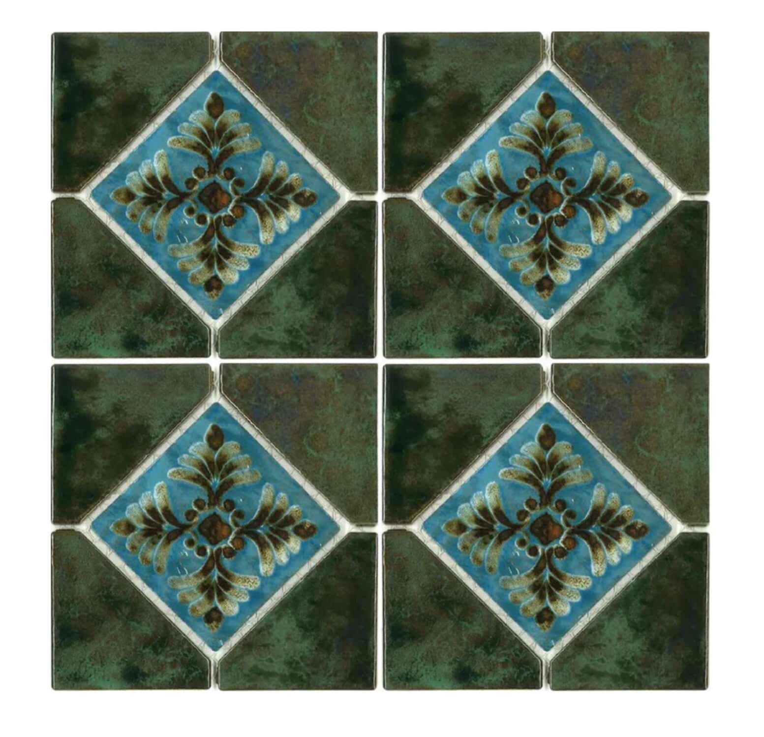 Joya Verde 6" Deco Series porcelain tiles featuring decorative green and blue floral patterns, ideal for pool areas.