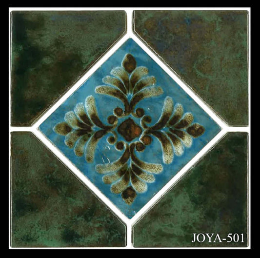 Fujiwa Joya Verde 6" Deco Series porcelain tile featuring a decorative blue and green pattern, ideal for pool areas.