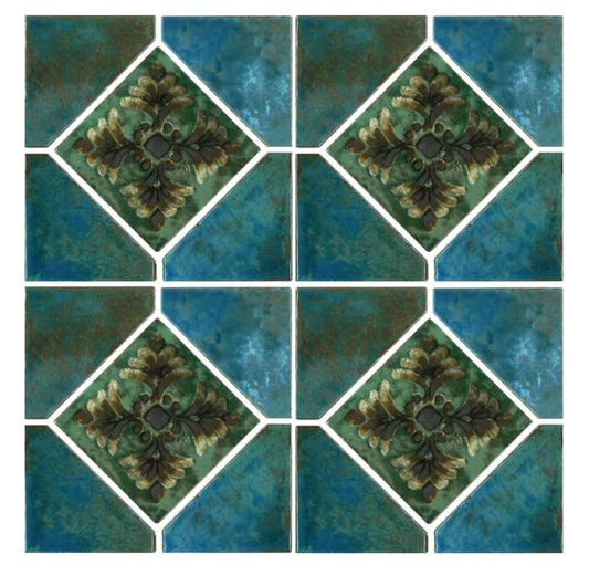 Decorative Albi blue and green porcelain tile design with intricate floral patterns, ideal for pool area accents.