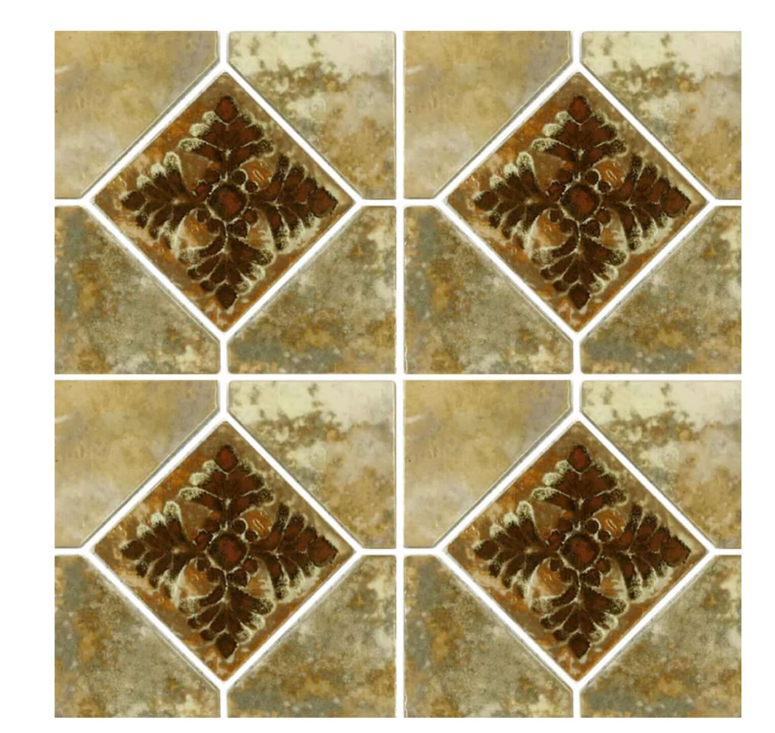 Fujiwa Joya Gold 6" Deco Series porcelain tiles with decorative fern pattern, perfect for pool accents.
