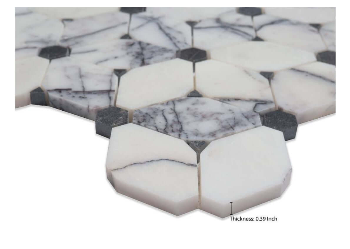 Close-up of Calacatta Violet Lilac Cecily Mosaic Tile, featuring polished marble with a 0.39 inch thickness.