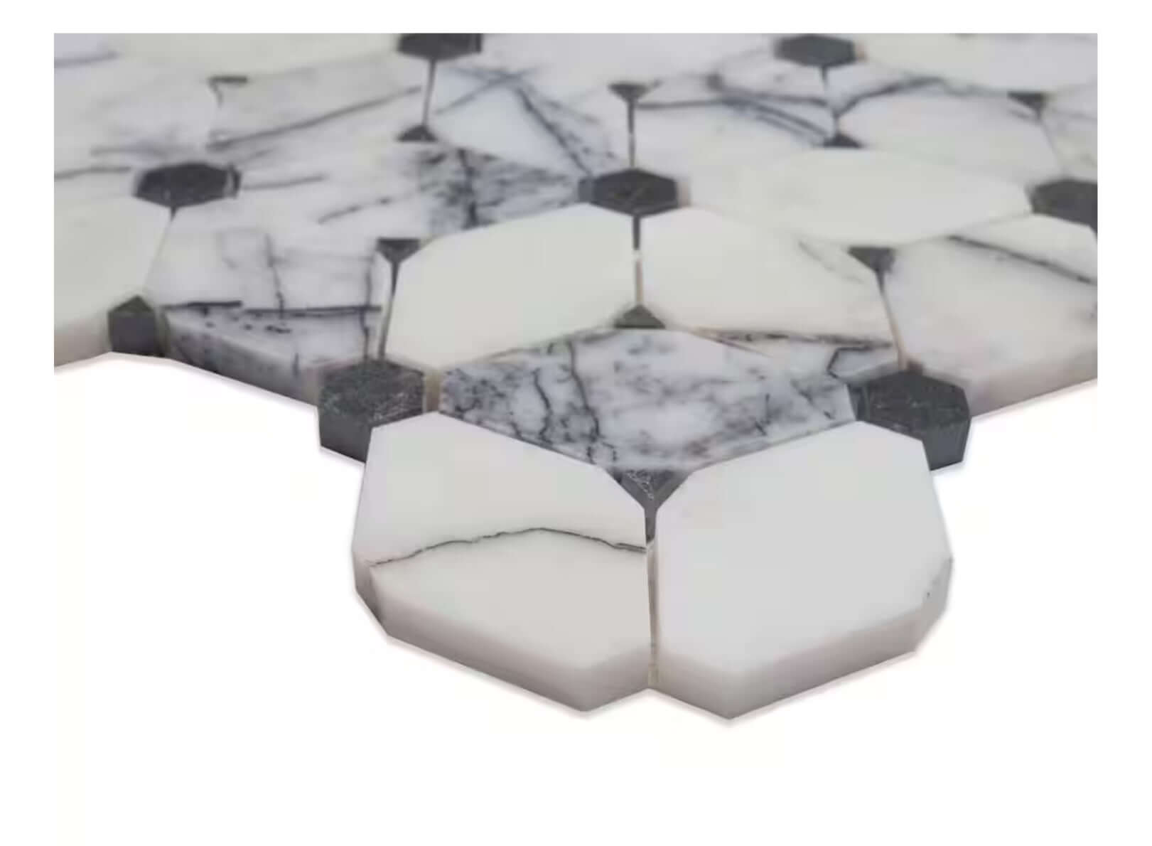 Close-up of Calacatta Violet Lilac Cecily Pattern Marble Mosaic Tile in hexagonal and octagonal shapes.