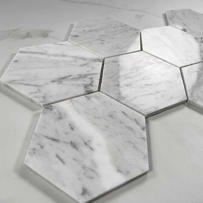 Carrara White Marble 5" Large Hexagon Mosaic Tile