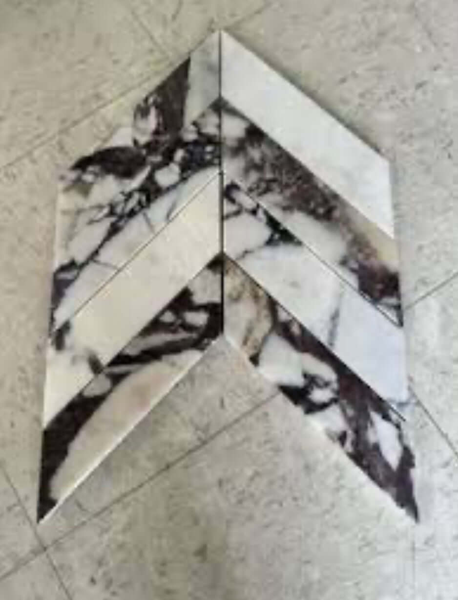 2”x8” Calacatta Violet Purple Chevron Polished Mosaic Tile on Mesh 11.50 x 11.75