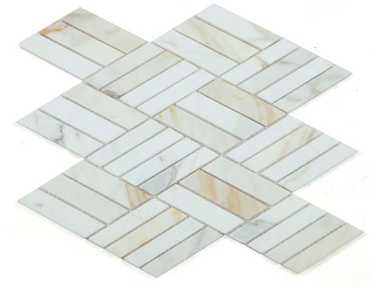 Honed Diamond Calacatta Gold tile in a geometric design, perfect for backsplashes and accent walls.