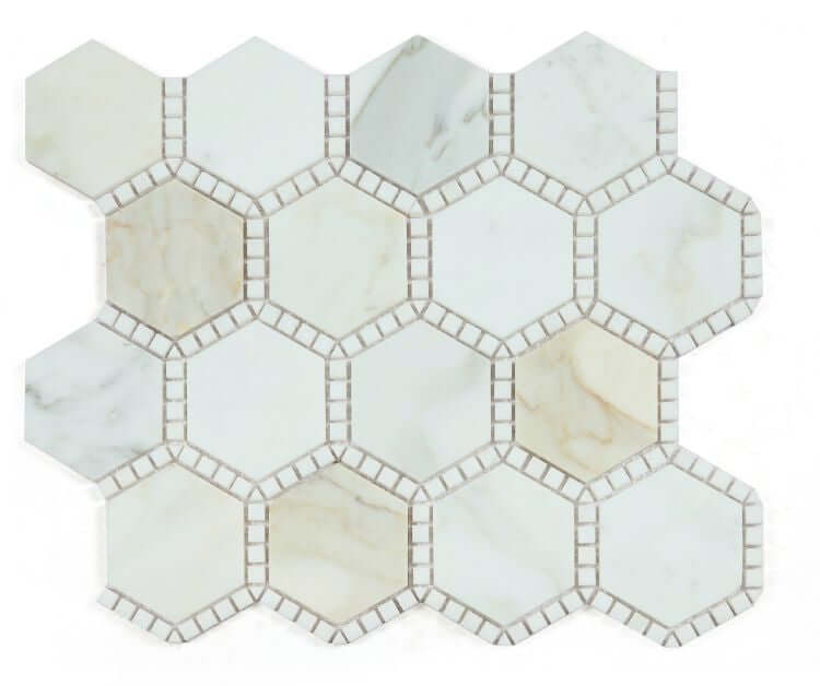 Defined edge hexagon Calacatta Gold mosaic tile ideal for backsplashes and accent walls, featuring unique patterns.