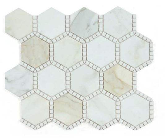 Defined edge hexagon Calacatta Gold mosaic tile ideal for backsplashes and accent walls, featuring unique patterns.