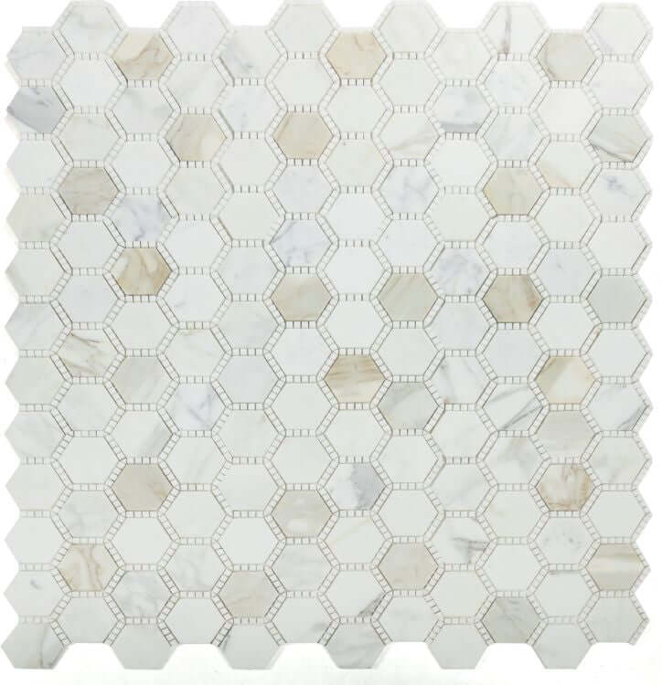 3-inch hexagon Calacatta Gold mosaic tile featuring a honed finish, ideal for stylish backsplashes and accent walls.