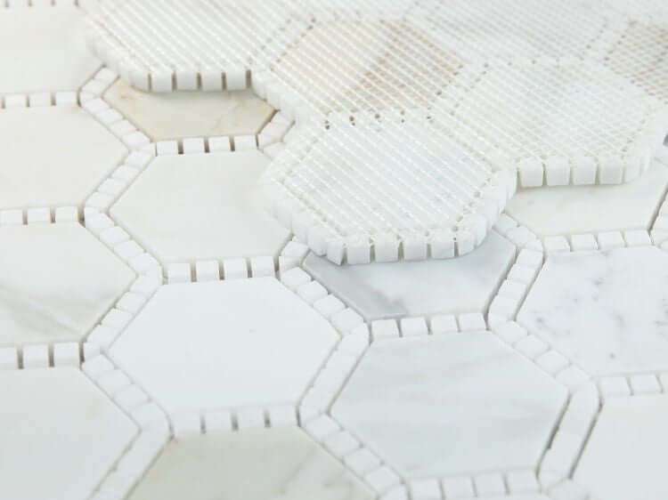 3-inch hexagon mosaic tile featuring a honed Calacatta Gold finish, ideal for stunning backsplashes and accent walls.