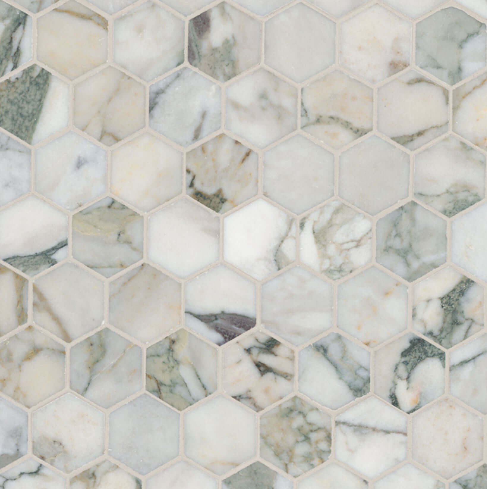 2 inch Calacatta Green marble hexagon honed mosaic tile in a stunning pattern for sophisticated interior design.