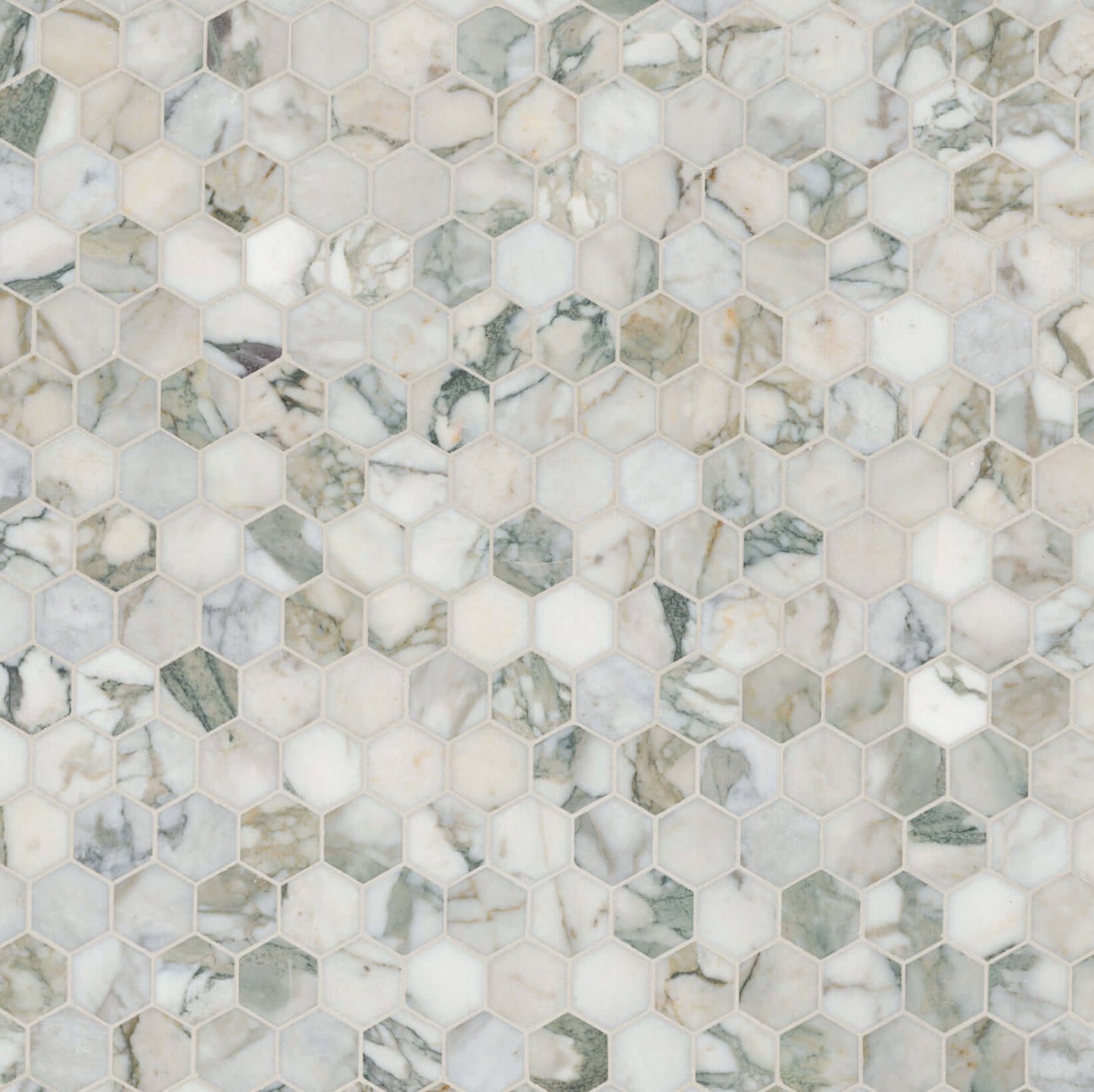 2" Calacatta Green Marble Hexagon Honed Mosaic Tile in intricate patterns, perfect for elegant interior designs.