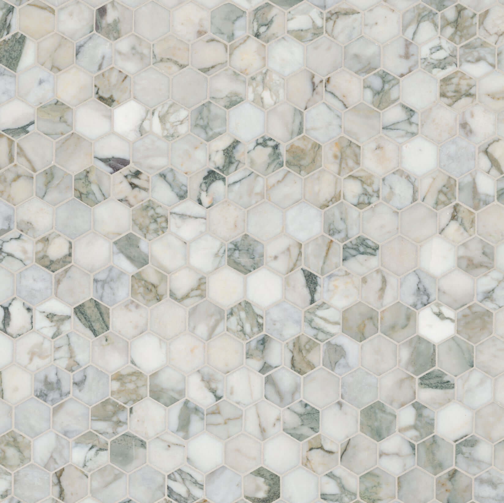 2" Calacatta Green Marble Hexagon Honed Mosaic Tile in intricate patterns, perfect for elegant interior designs.