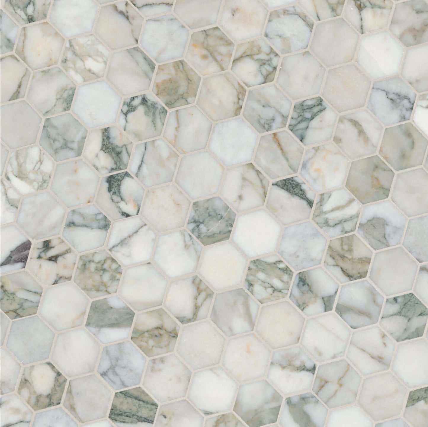 Calacatta Green Marble Hexagon Honed Mosaic Tile featuring intricate patterns and deep green hues for elegant interior design.