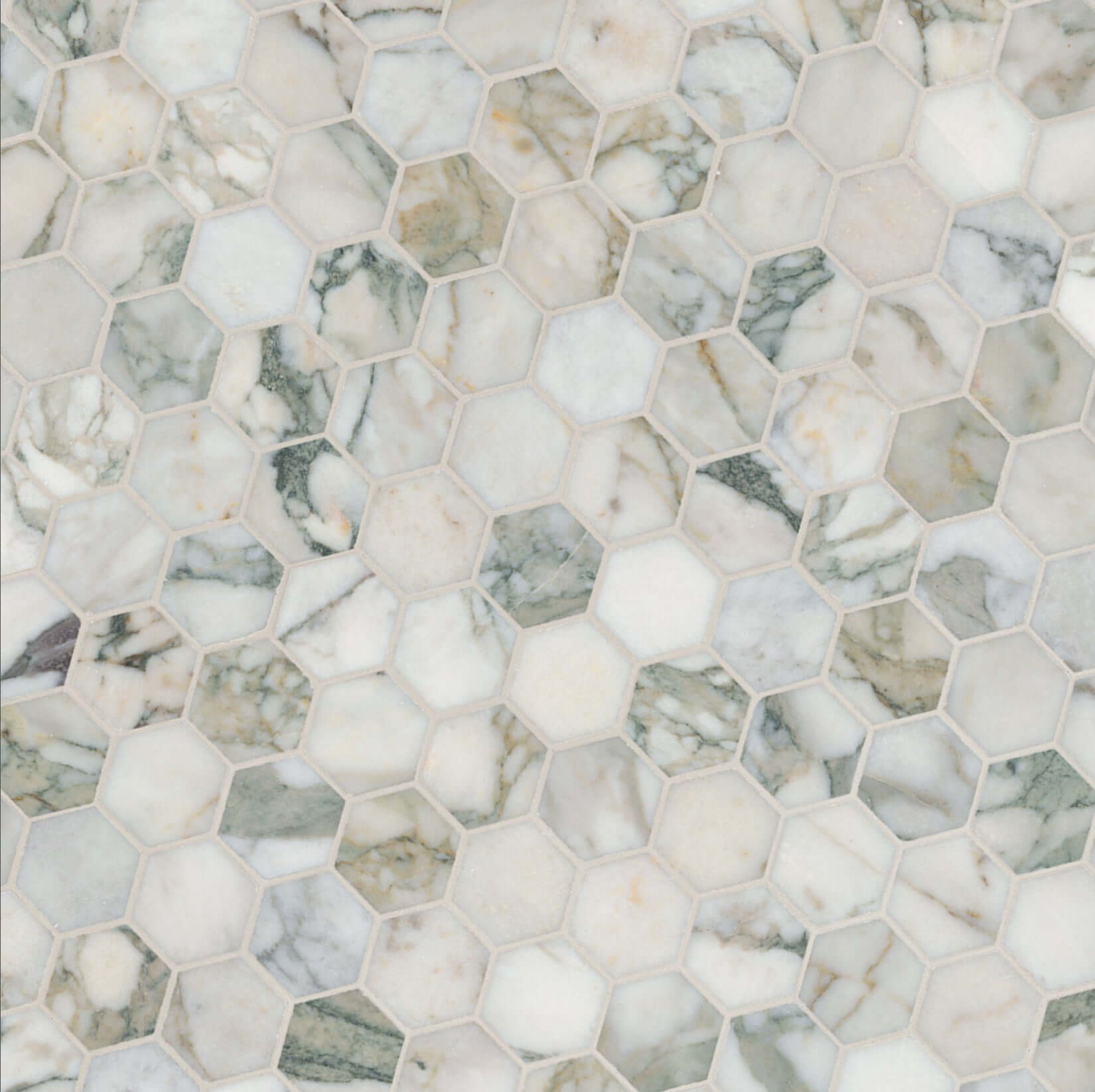 Calacatta Green Marble Hexagon Honed Mosaic Tile featuring intricate patterns and deep green hues for elegant interior design.