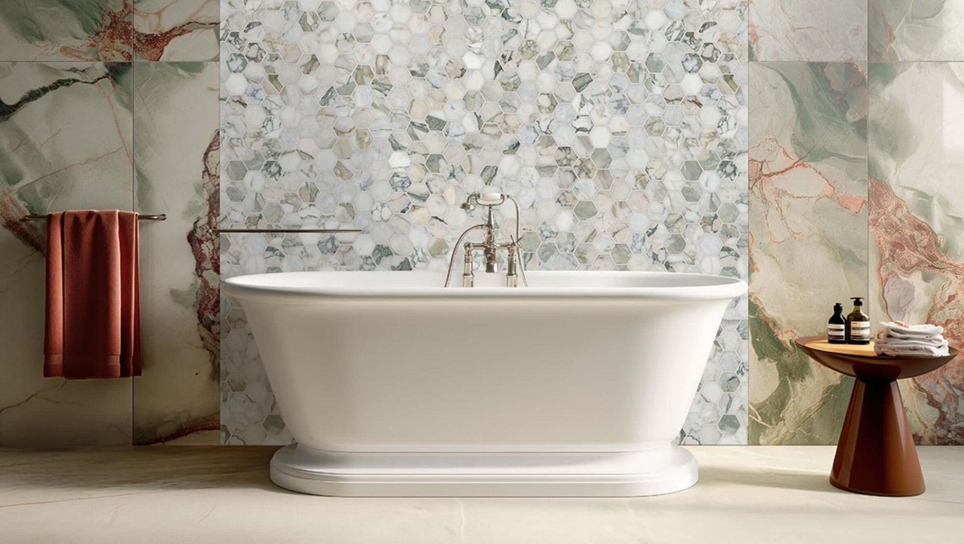 Stylish bathroom featuring a freestanding tub against a Calacatta Green marble mosaic wall.