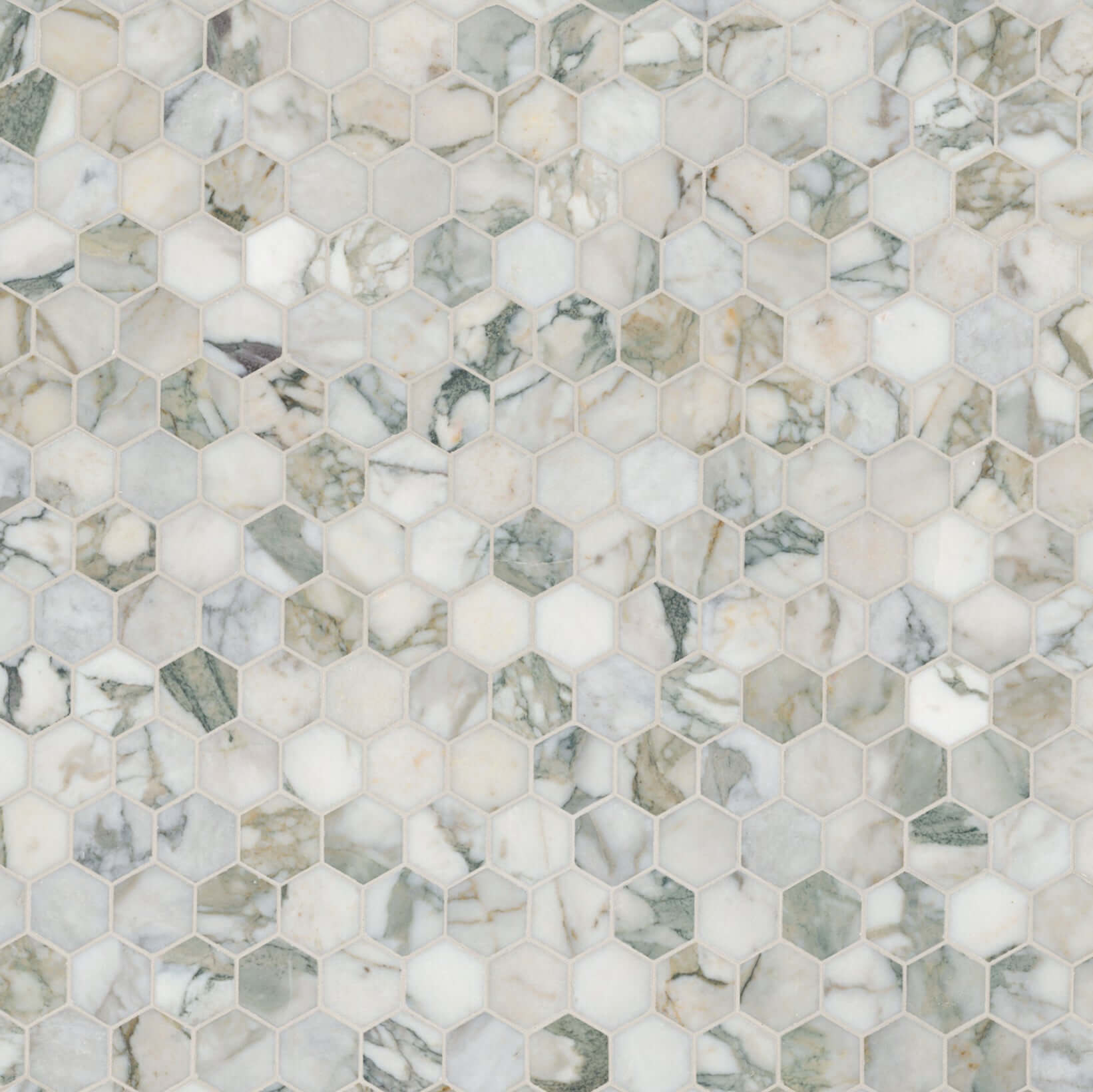 2" Calacatta Green Marble Hexagon Honed Mosaic Tile, featuring beautiful green hues and intricate patterns.