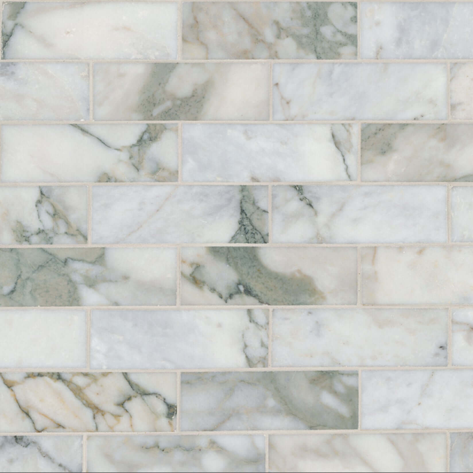 2x6 Calacatta Green Marble Honed Mosaic Tile featuring intricate green and white patterns for elegant interior design.