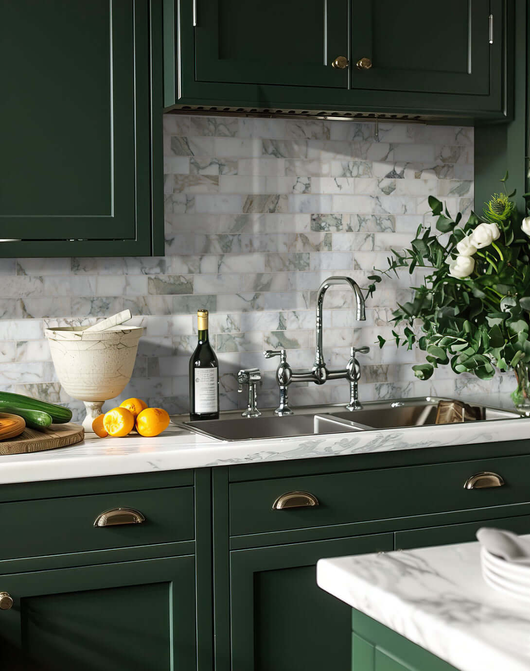 Elegant kitchen featuring 2x6 Calacatta Green Marble Honed Mosaic Tile backsplash with green cabinets.
