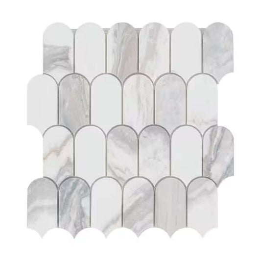 Edessa Scallop Bardiglio White 12x13 Polished Marble Mosaic with a unique scallop design, perfect for elegant interior accents.