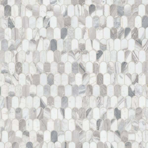 Edessa Scallop Bardiglio White 12x13 Polished Marble Mosaic with distinct scallop design, ideal for elegant interior decor.