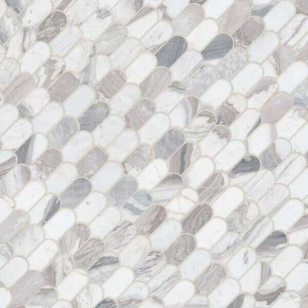 Edessa Scallop Bardiglio White 12" x 13" polished marble mosaic with a unique scallop design for elegant interiors.