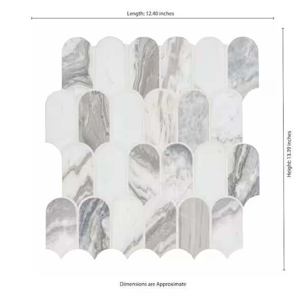 Edessa Scallop Bardiglio White Polished Marble Mosaic 12" x 13" - Unique scallop pattern for elegant interiors.