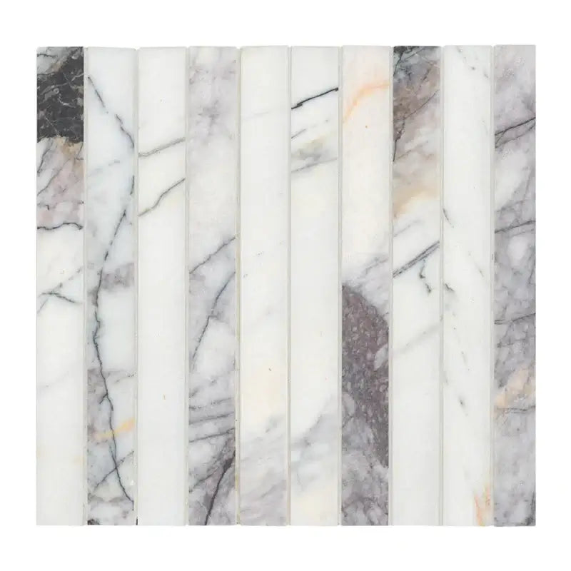 Calacatta Viola Lilac Scallopini Pattern honed marble mosaic tile showcasing elegant curves in a 11x12 design.