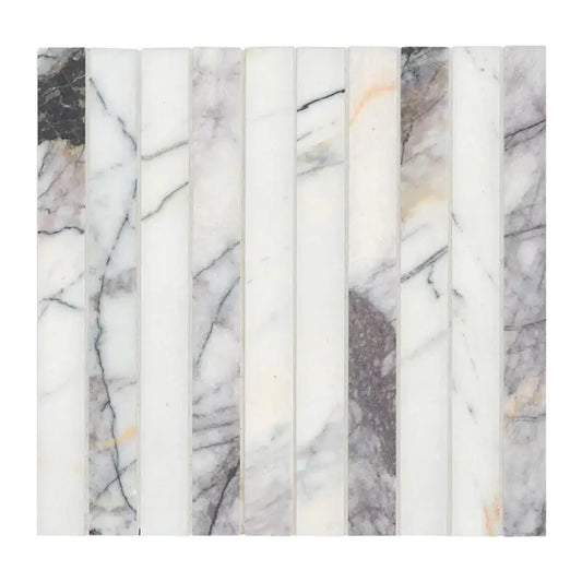Calacatta Viola Lilac Scallopini Pattern honed marble mosaic tile showcasing elegant curves in a 11x12 design.