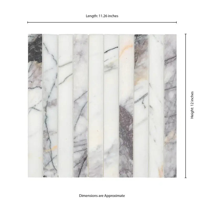 Calacatta Viola Lilac Marble Mosaic Tile 11" x 12" with elegant pattern and dimensions displayed.